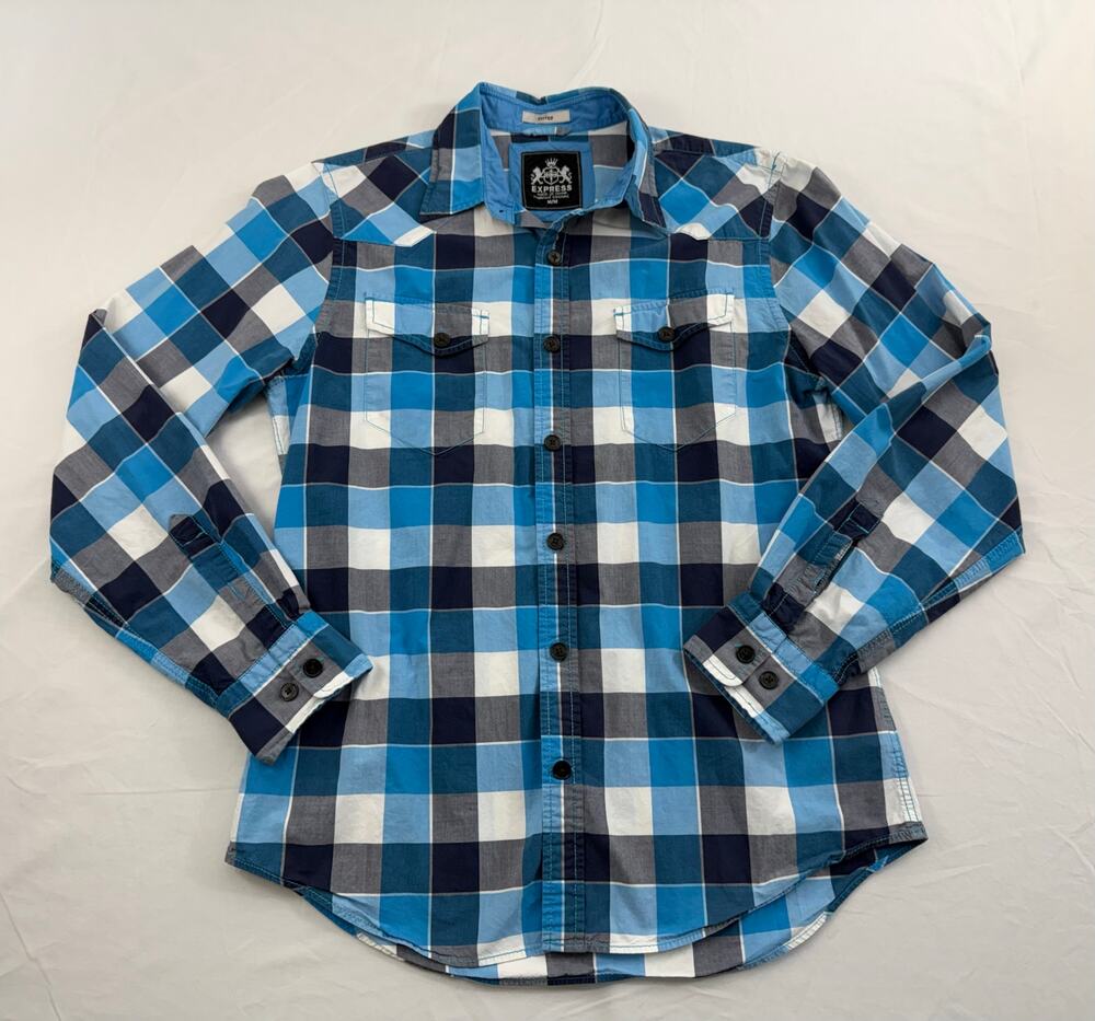 Express 2010s Blue Plaid Fitted Button Down Shirt Men’s Size Medium